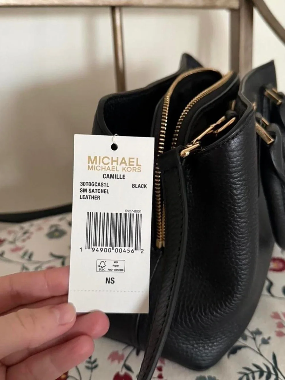 NWT Michael Kors Camille Small Leather Satchel Black Crossbody Gold Hardware